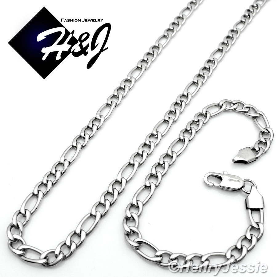 18-40″MEN’s Stainless Steel 7mm Silver Figaro Link Chain Necklace Bracelet SETS