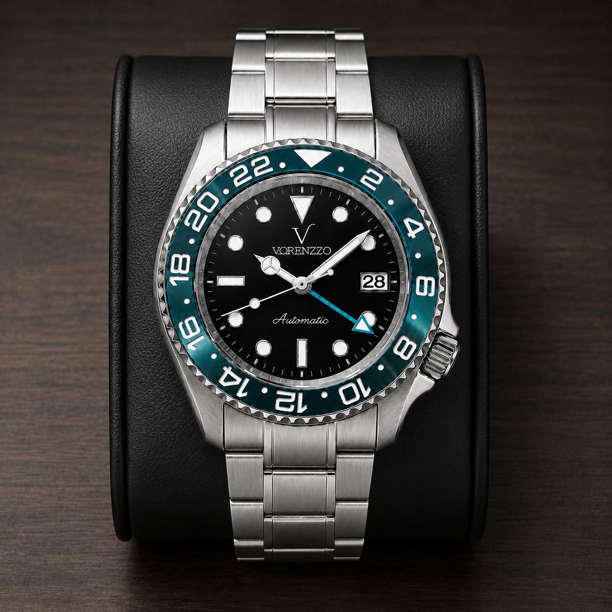 VORENZZO Automatic GMT Watch 40mm Black Dial Teal Bezel Sapphire Steel