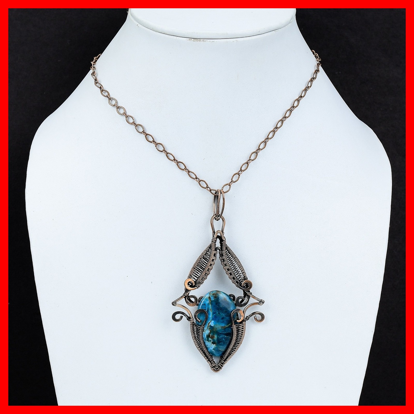 Copper Oval Neon Apatite Gemstone Birthday Art Deco Wire Wrapped Pendant Jewelry