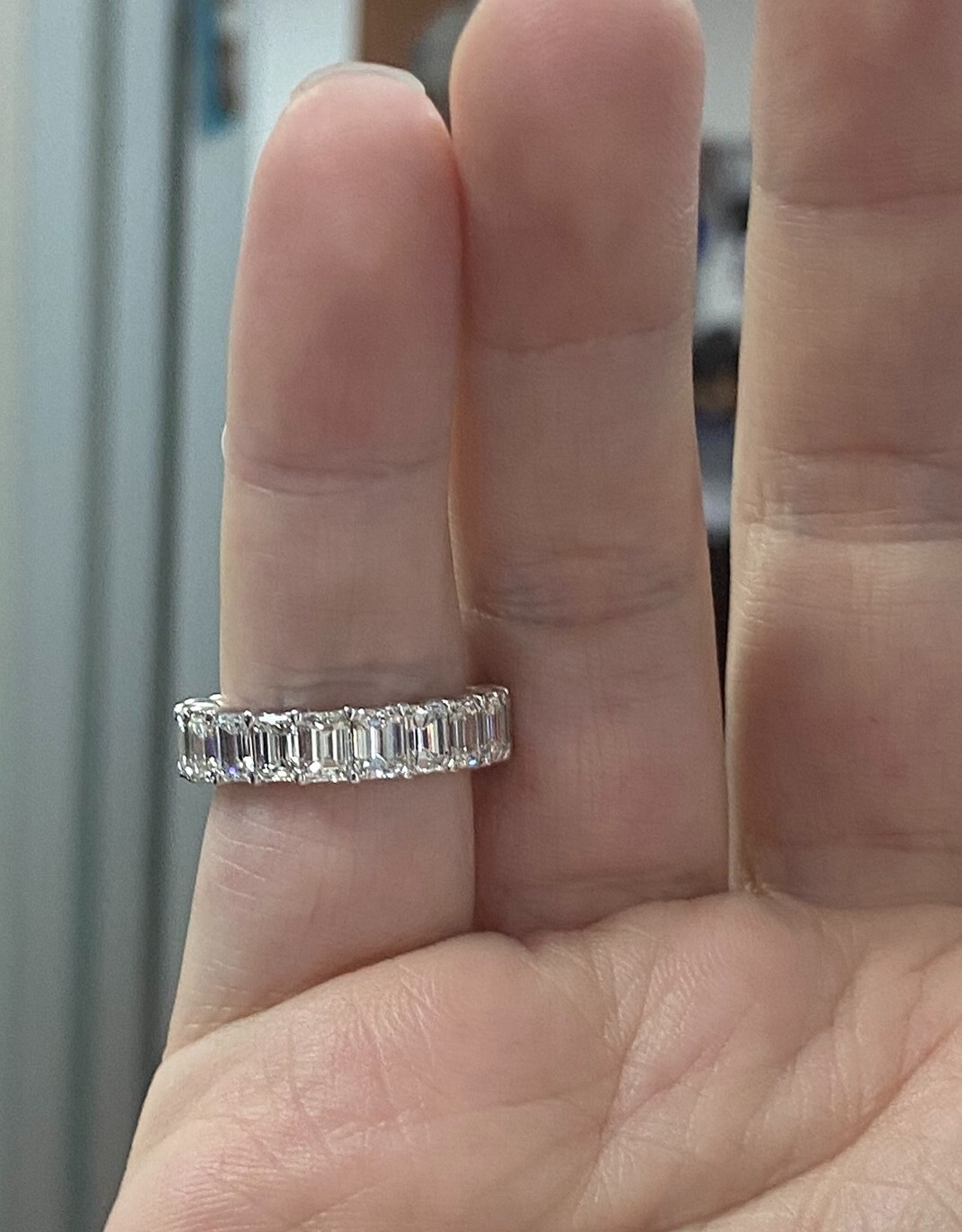 4.55 ct Emerald cut Diamond 14k White Gold Eternity Band E F VVS, Size 4.5