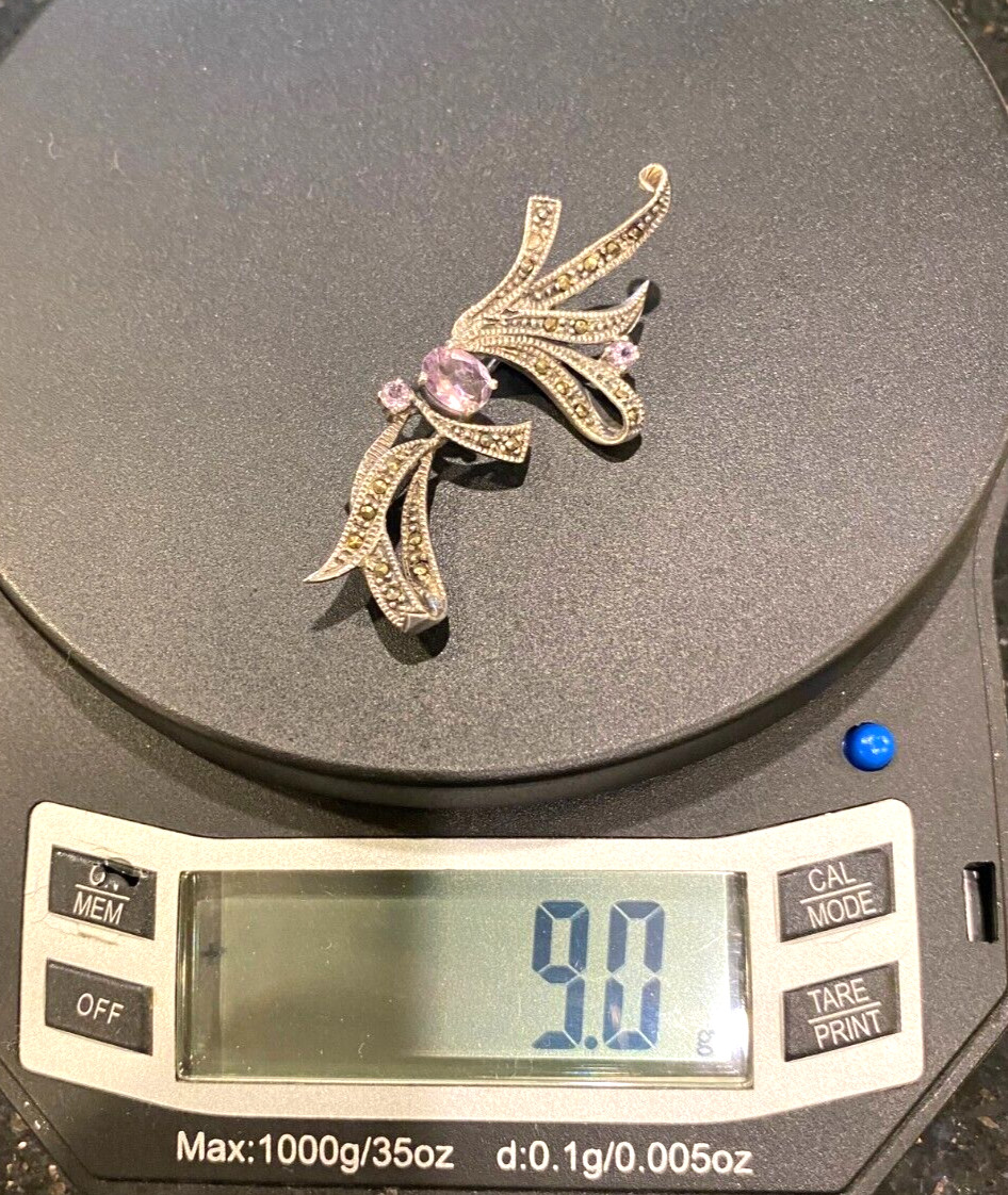 Sterling Marcasite and Amethyst Bow Pin Approx. 2 1/4 In. Wide – 9.0 Grams