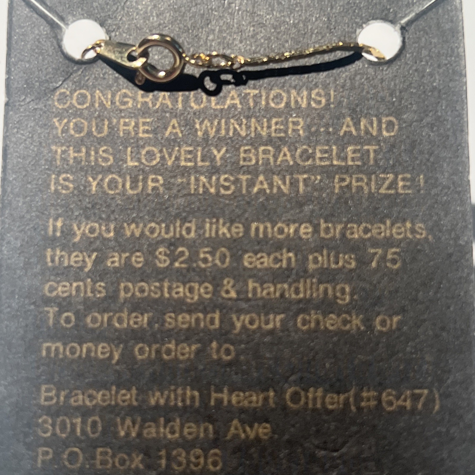 Gold Tone Chain Bracelet W/Heart Charm Republic Of Korea New On Card Promotional