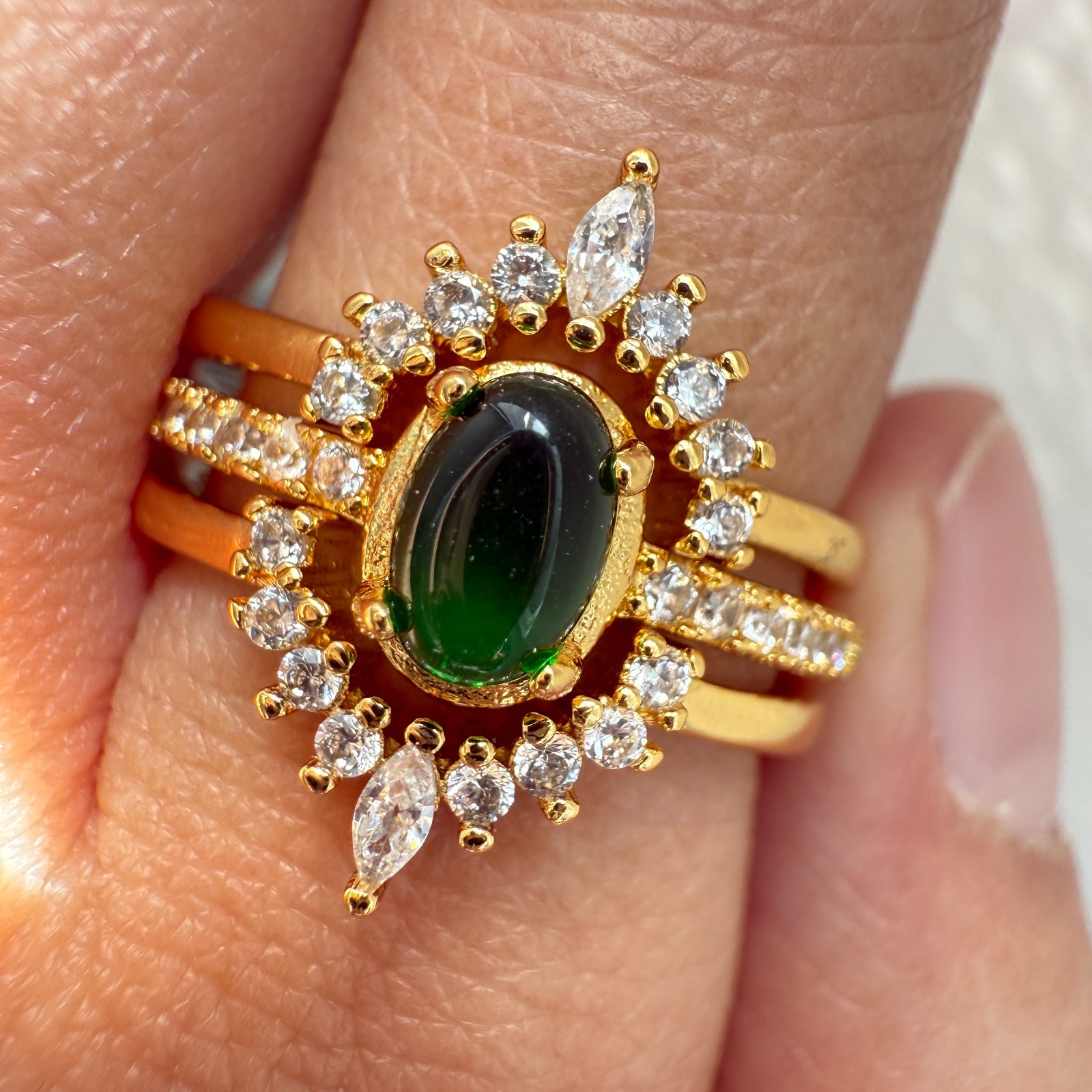 925 Sterling Silver Ring 3in1 6x4mm Green Natural Emerald Gemstone Zircon Flower