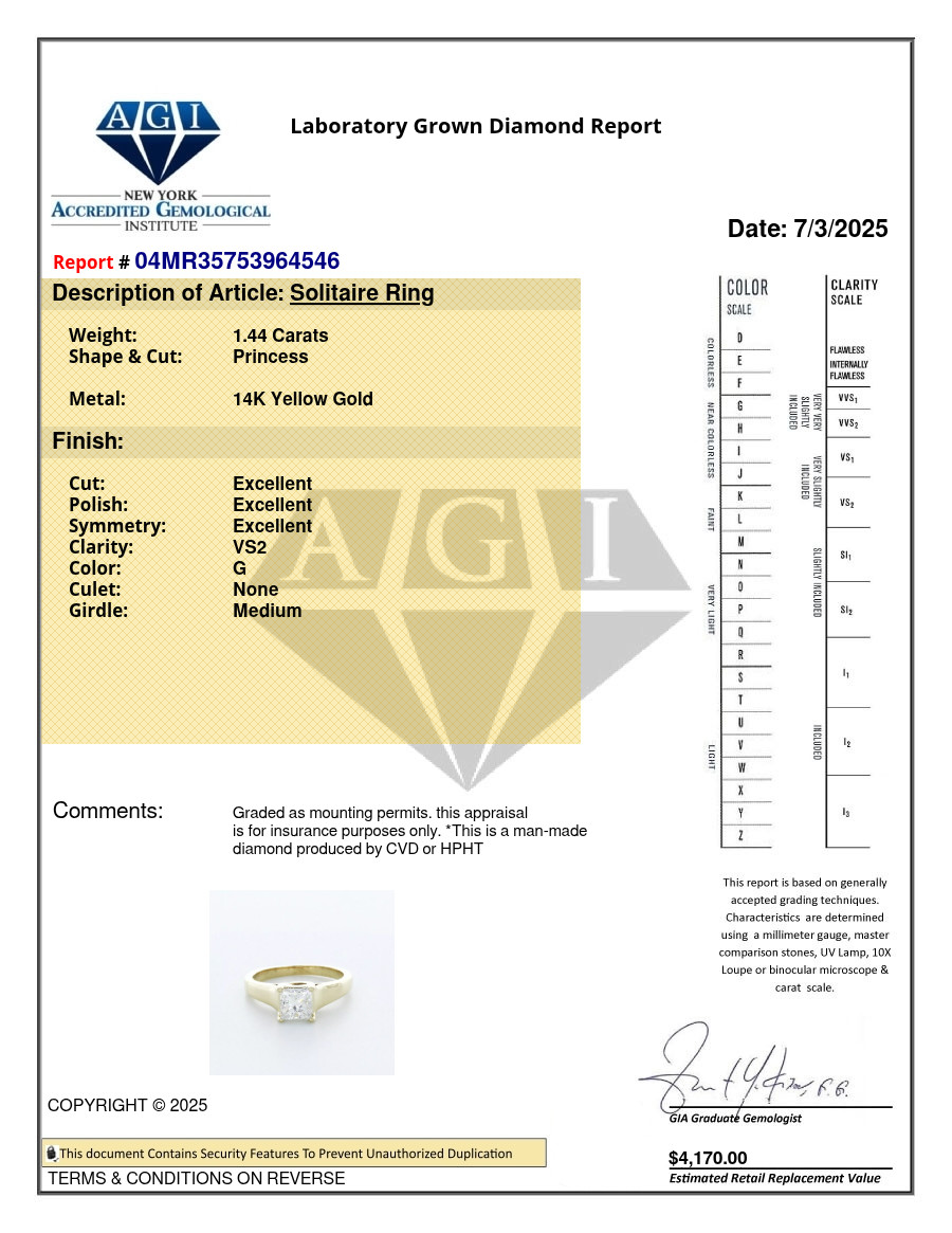 Solitaire Engagement Ring 14K Gold 1.44 Carat Princess Lab-Grown Diamond G VS2