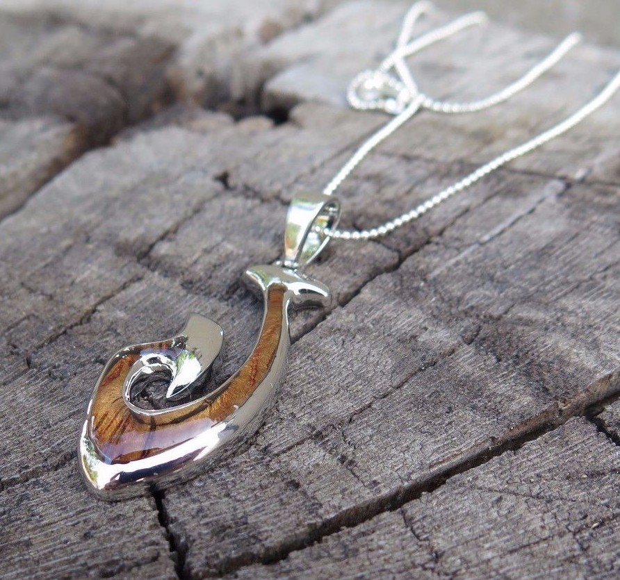 Hawaiian Koa Wood Jewelry Fish Hook Scroll Rhodium Plated Brass Pendant BRP1073