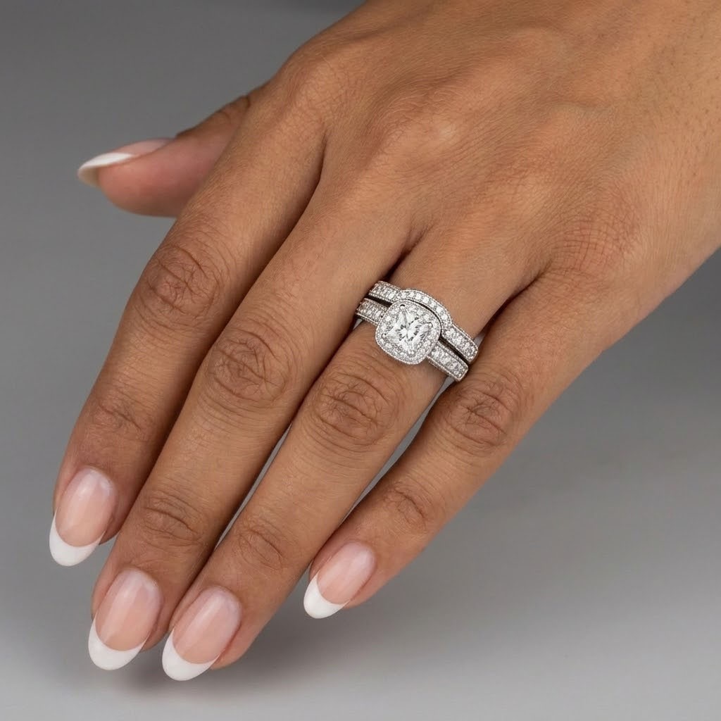 Engagement Ring Set 14K Gold Halo 2.73 Carat Princess Lab-Grown Diamond E VS1