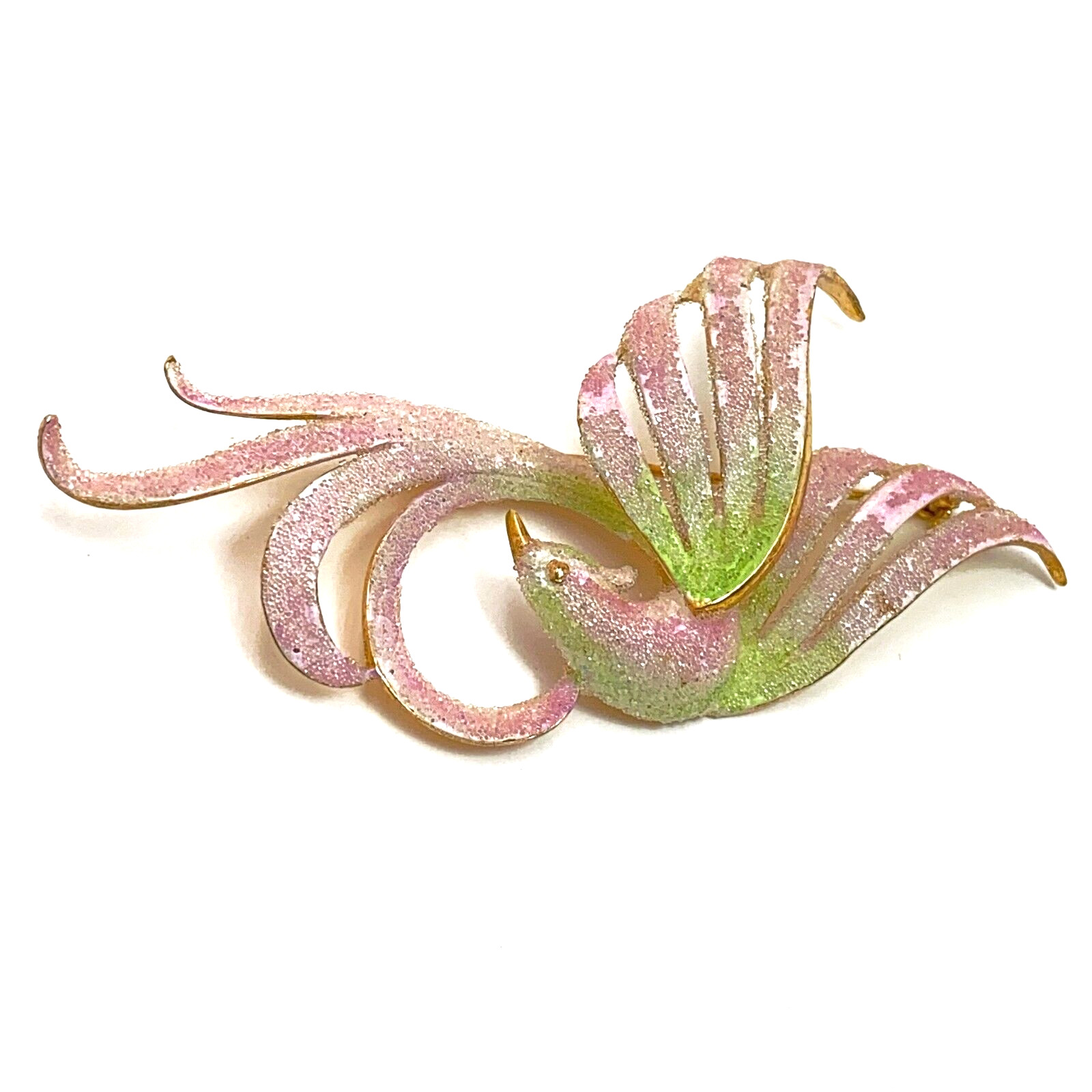 Vintage Brooch Bird of Paradise Pin Pink Green Coralene Sugar Glass Enamel