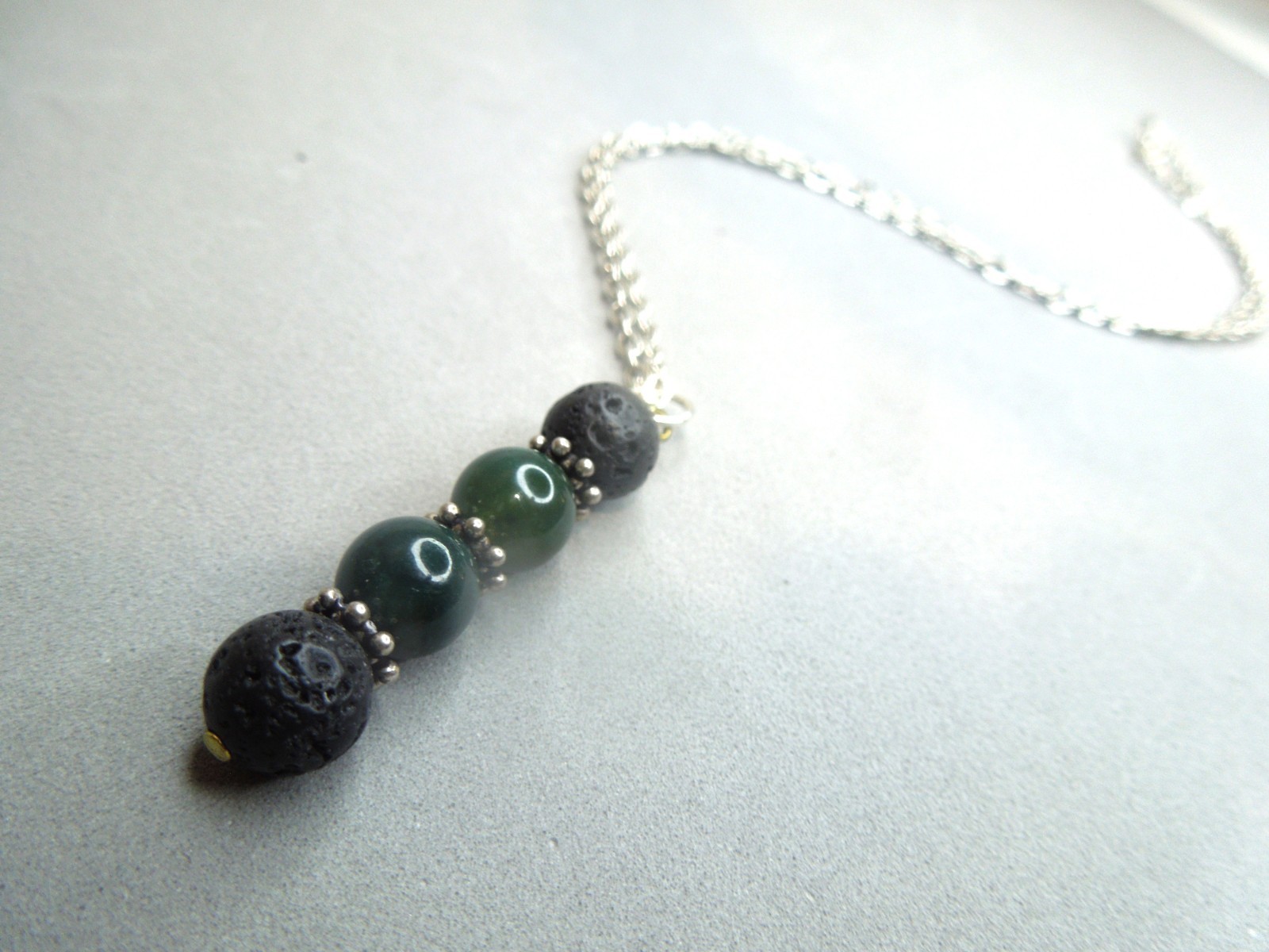 Black Gemstone Pendant Necklace Sterling Modern Style Lava stone Moss Agate