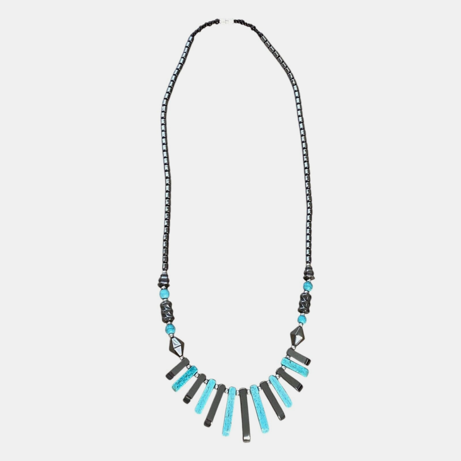 Vintage Turquoise Blue Dyed Gemstone Bib Necklace Carved Polished Shiny Fringe