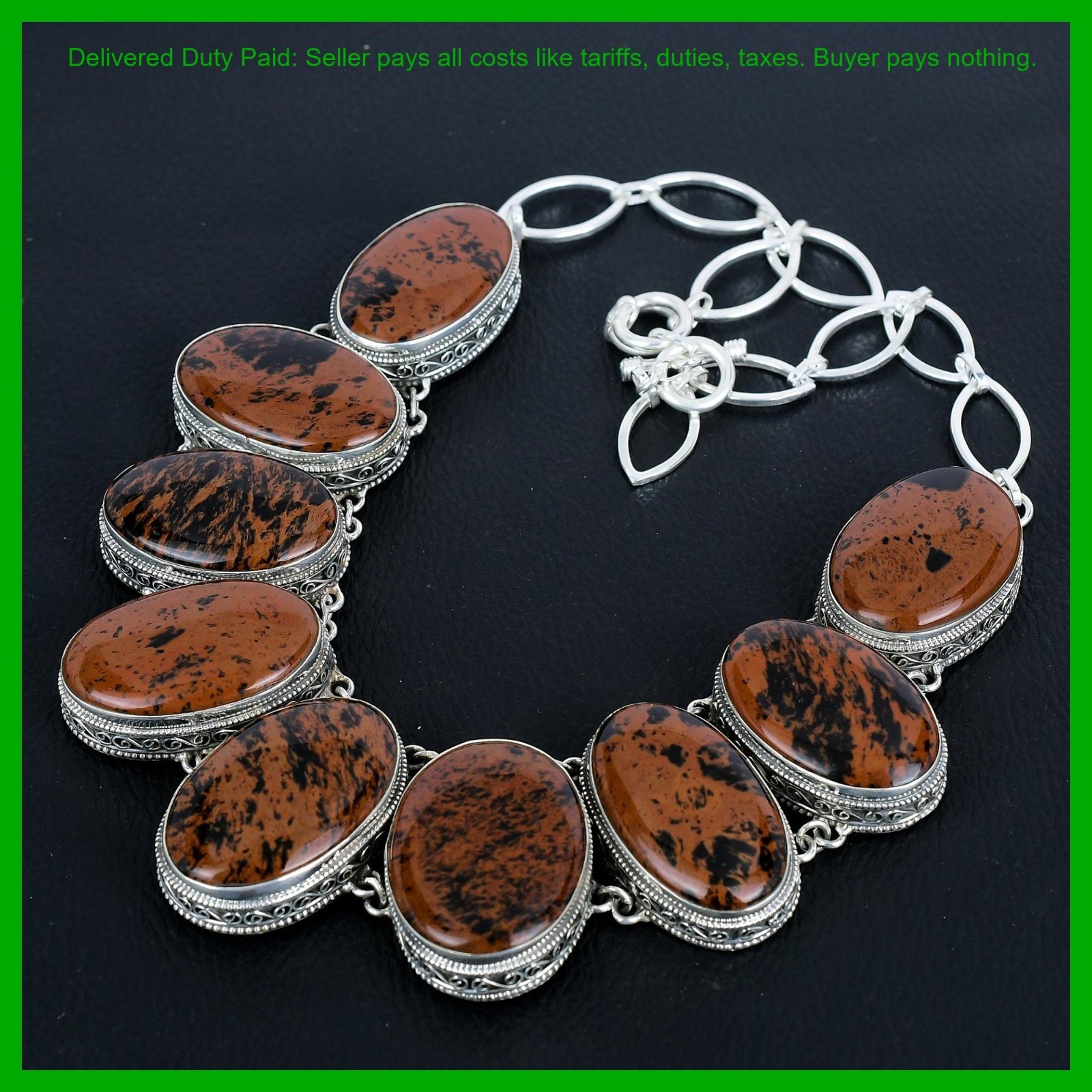 Sterling Silver Mahogany Obsidian Stone Chain New Vintage Bezel Necklace Jewelry