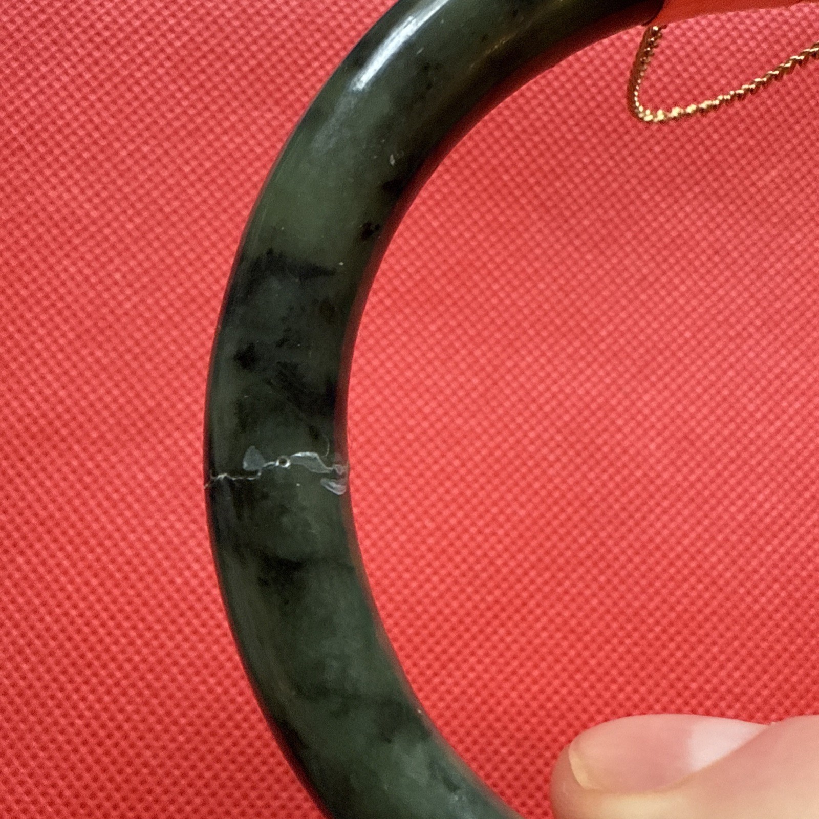 Green Nephrite Jade Hinged Gold Tone Bangle Bracelet Push Lock DAMAGED