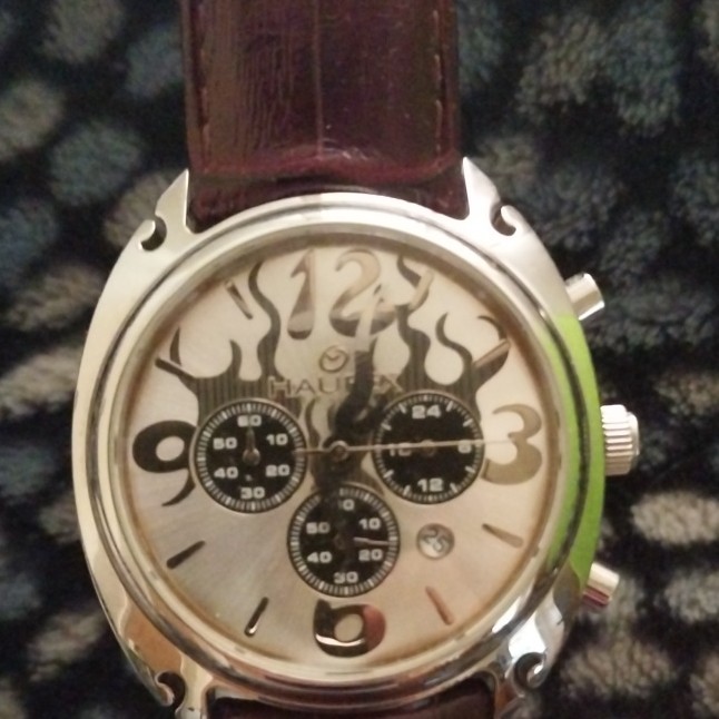 Haurex Flame Quartz Watch Date 24-Hour Brown Leather Strap 50m Box