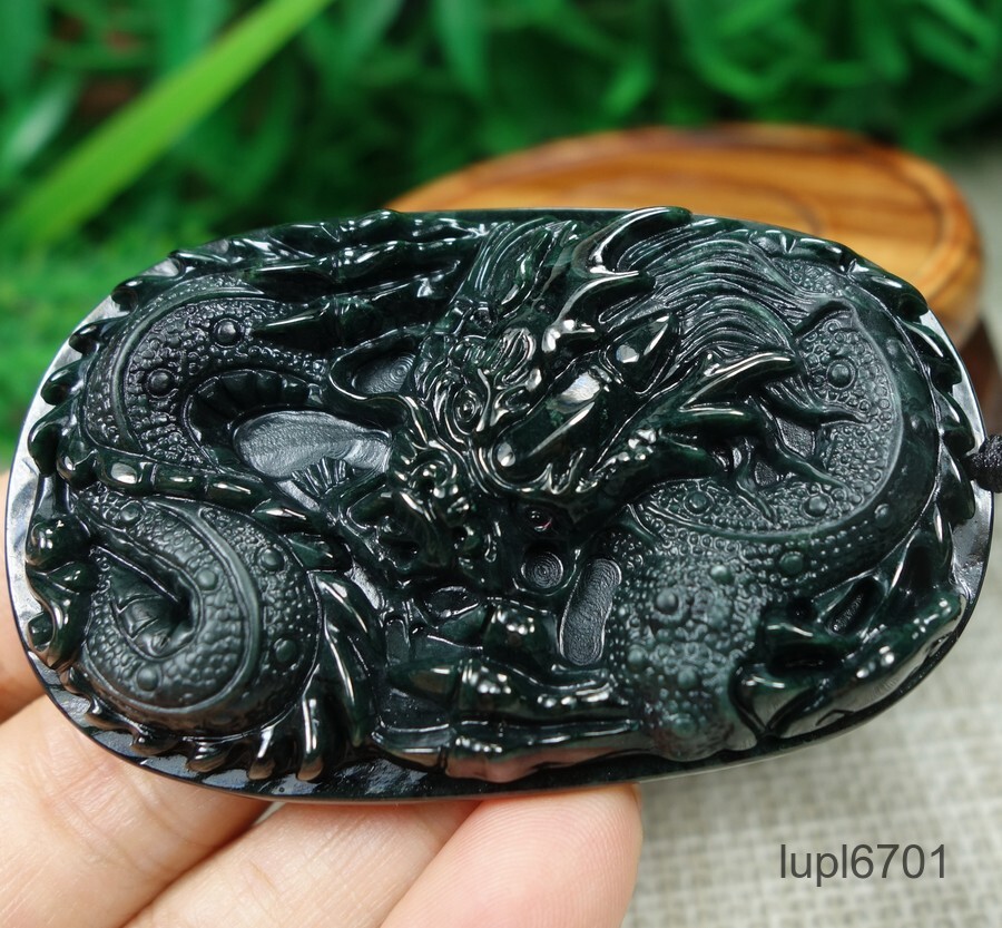 Certified Black green Burma Type A 100%Natural A Jadeite Jade Pendant~Dragon墨翠龙
