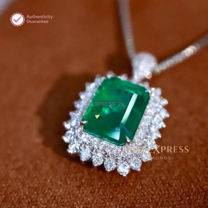 Handmade! 2.00CT Emerald Cut Natural Emerald & Diamond Halo Pendant 14k Gold
