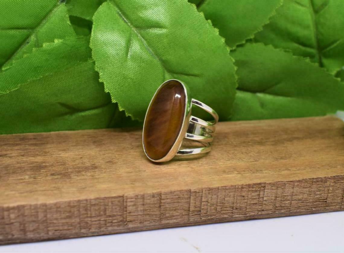 Simple Tiger Eye Ring 925 Silver Oval Gemstone Jewelry Triple Band Ring Gift Her