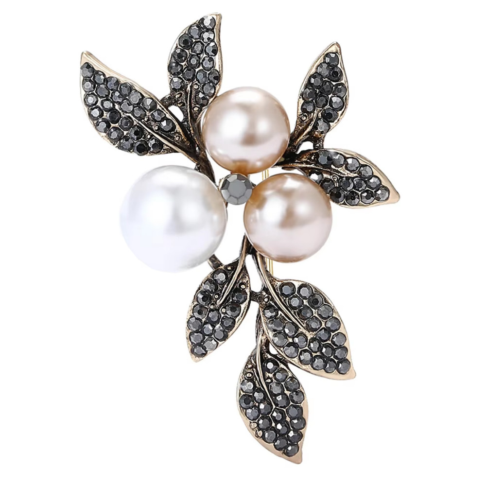 Vintage Sparkling Rhinestone Pearl Flower Leaf Brooch Pin Gold Tone Jewelry Gift