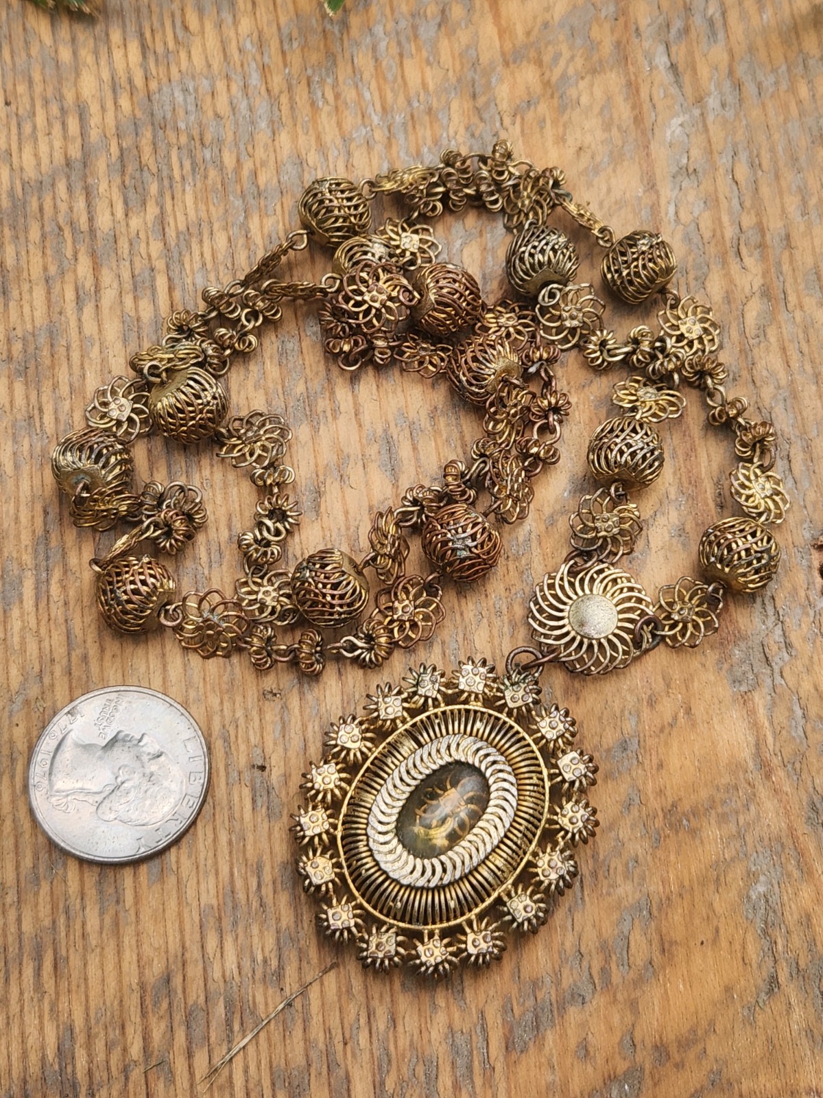 Antique Tambourine Reliquary Necklace Filigree Window Philippines Gold Gilt