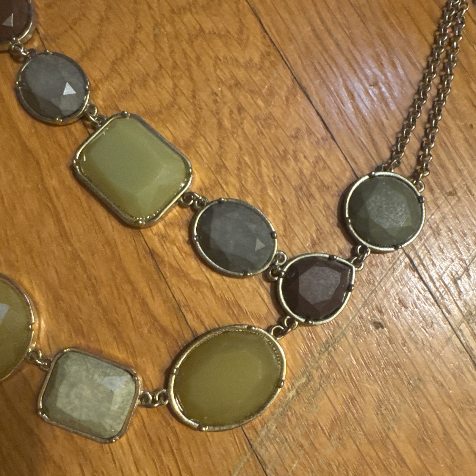 Charming Charlie Bib Statement Necklace 18″+ Muted Jewel Tones Gold, Moss, Plum