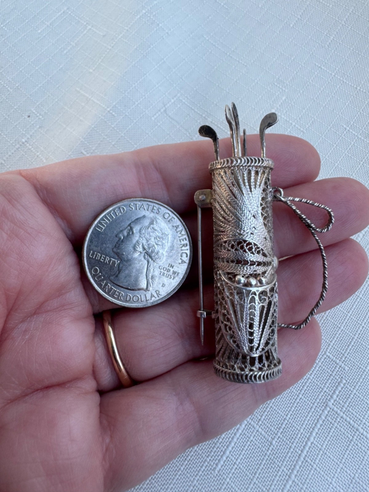 Estate Sterling Silver 950 Filigree Golf Bag w/ Clubs Brooch Pin Golfing 10.7g