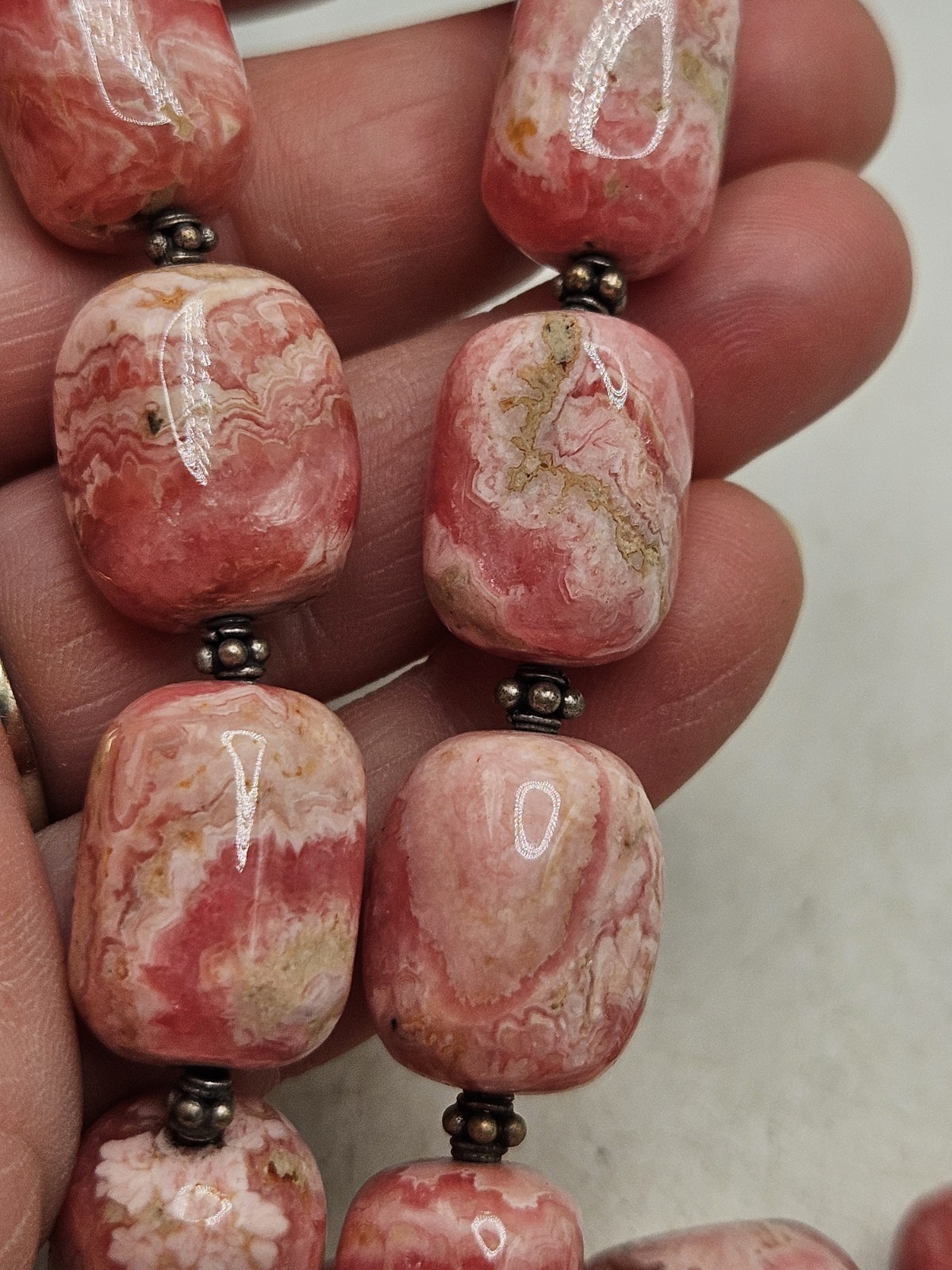 Hand Crafted Rhodochrosite Chunky Beaded Statement Necklace W/ Sterling…