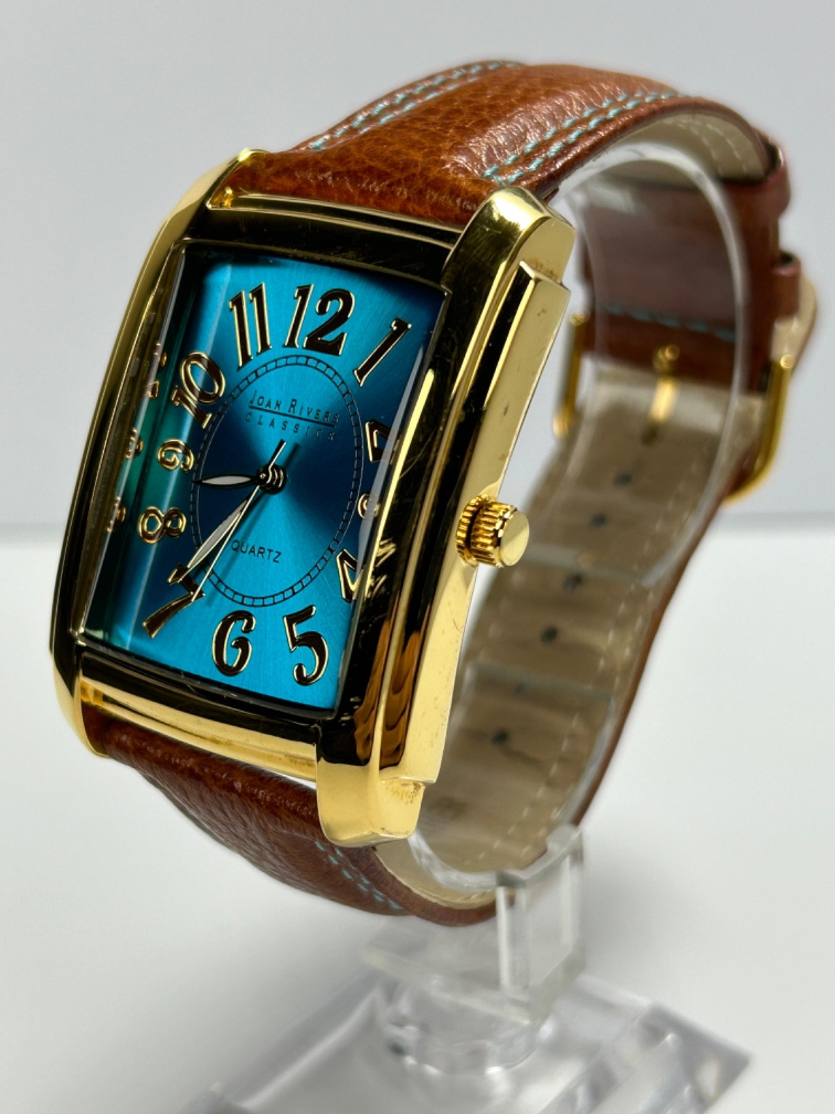 Vintage Joan Rivers Classics V377 Womens 34MM Tank Quartz Gold Tone W/Blue Dial