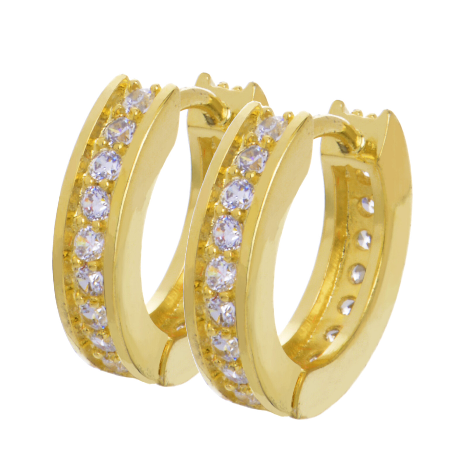 Men’s Women’s Iced Huggie Hoop Hinged Snap 14K Gold Plated Earrings HE 115 G