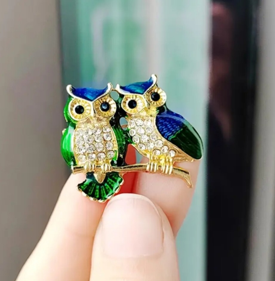 CUTE ENAMEL RHINESTONE OWL BIRD BROOCH PIN~MOTHERS DAY BIRTHDAY GIFT FOR HER MOM