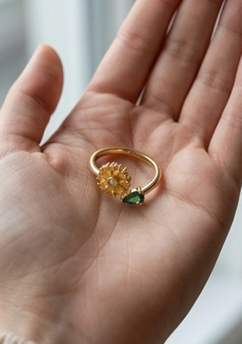 3ct Pear Simulated Green EmeraldCz Sunflower Bypass Ring 14k Rose Gold Plated