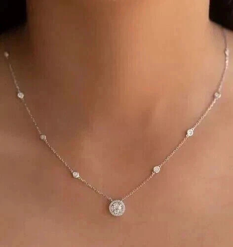 3Ct Round Lab Created Diamond Women’s Station Necklace Sterling Silver 18″