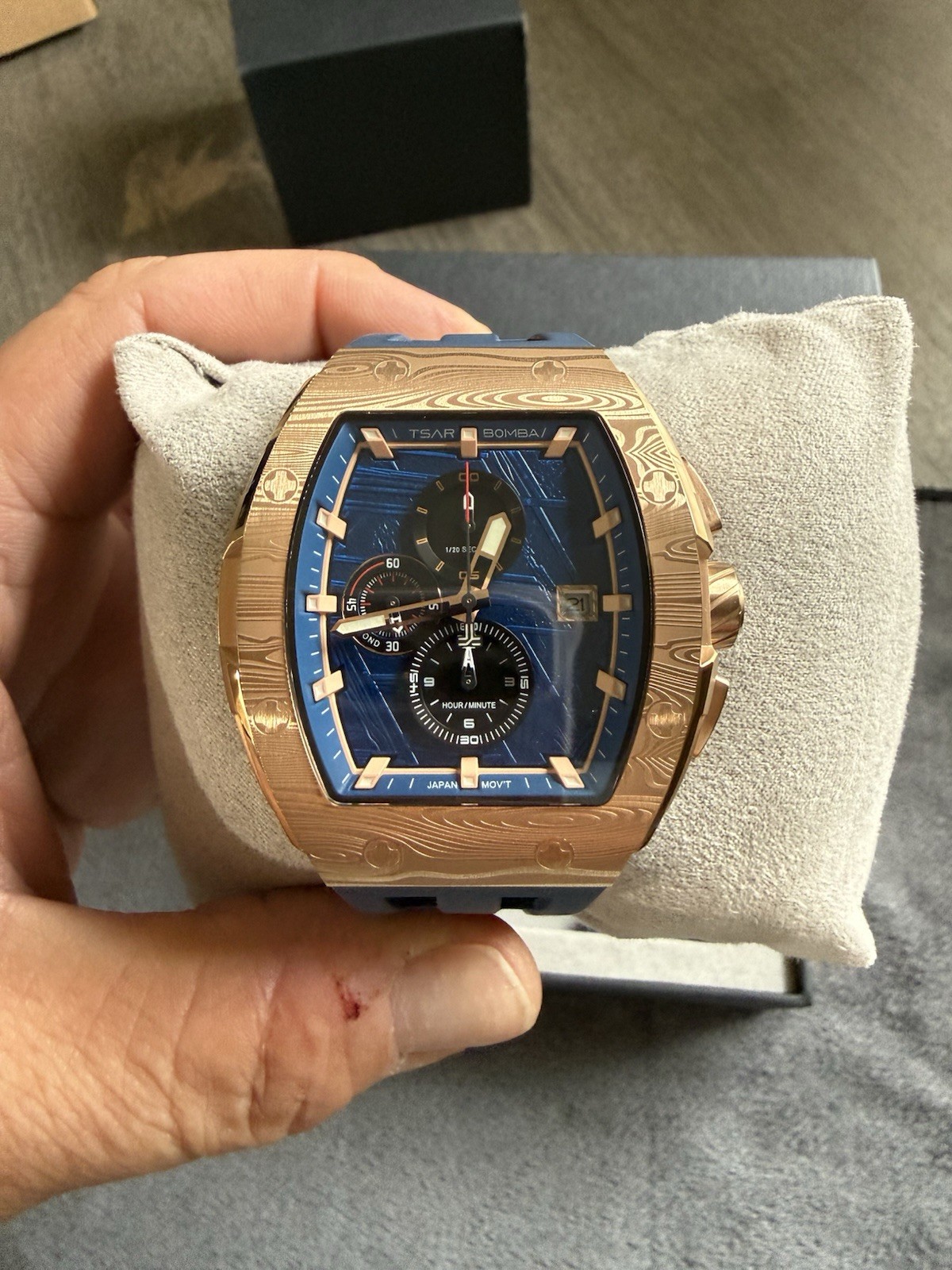 TSAR BOMBA Men’s Quartz Chronograph Date Blue Dial Rose Gold Tonneau w Box