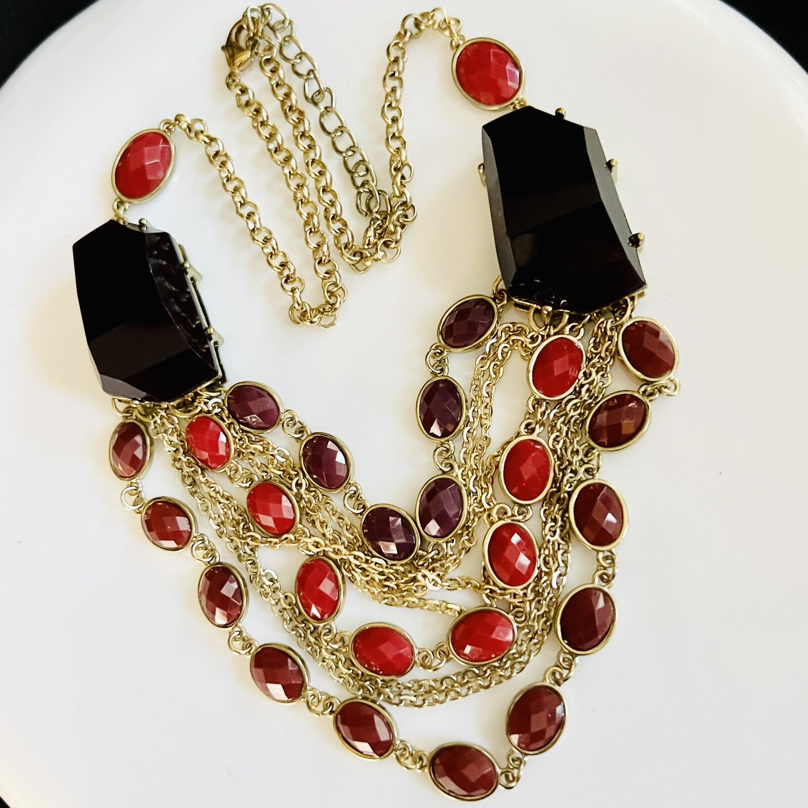 Statement Red Black Resin Stone Layered Multi Strand Bib Necklace Gold Tone 1092