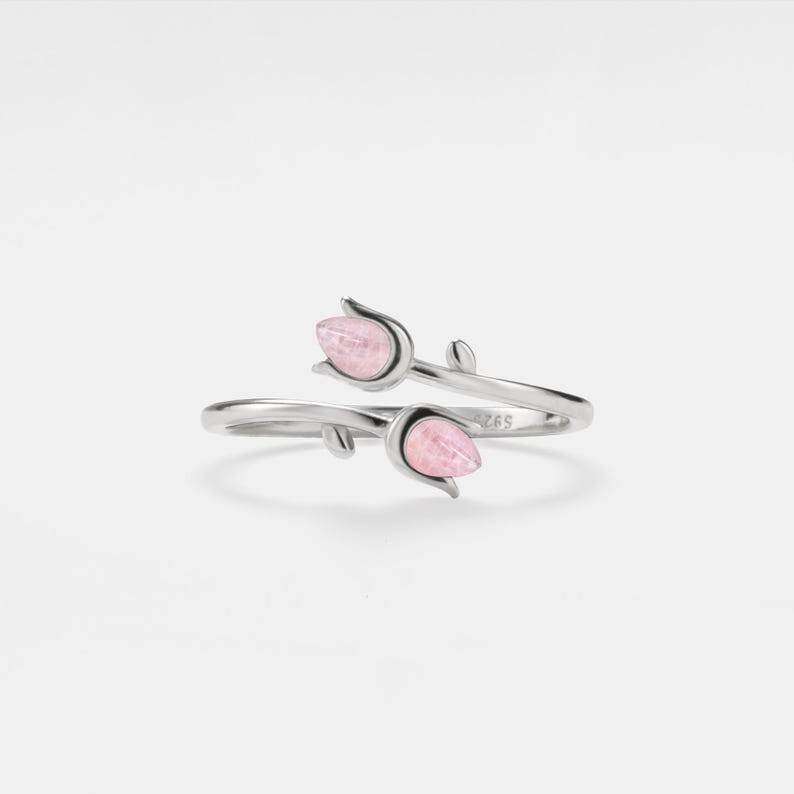 Gold Rose Quartz Tulip Flower Stacking Bypass Ring in 925 Sterling Silver
