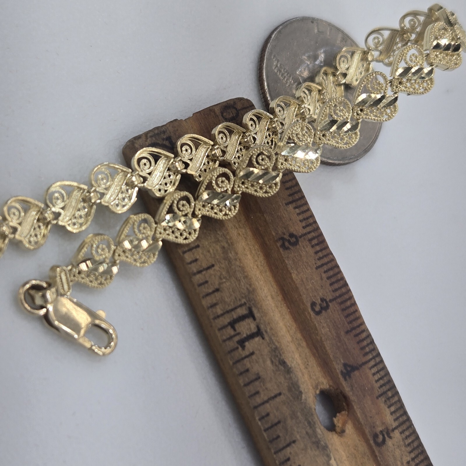Solid 10k yellow gold hearts Bracelet 8 Inches Long Diamond Cut Large Size