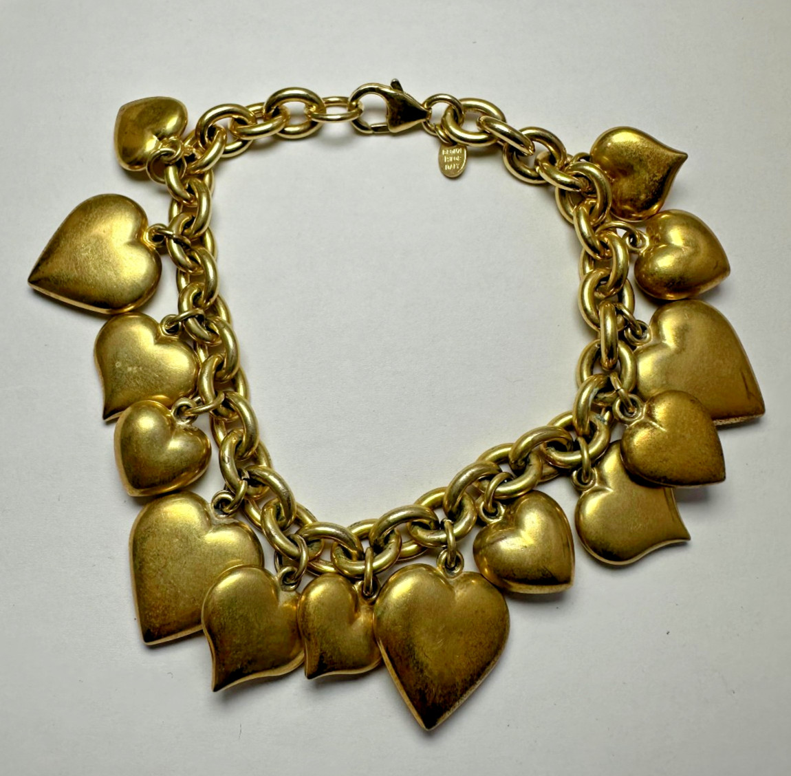 Victorian Style Bronze Milor Italy Hearts Charm Bracelet. 36.02g 6.75 in.