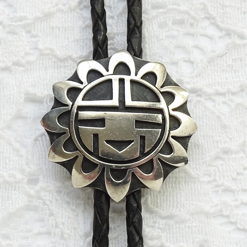 Native American Hopi Sterling Sunface Southwest Bolo String Tie Tall Person 50″