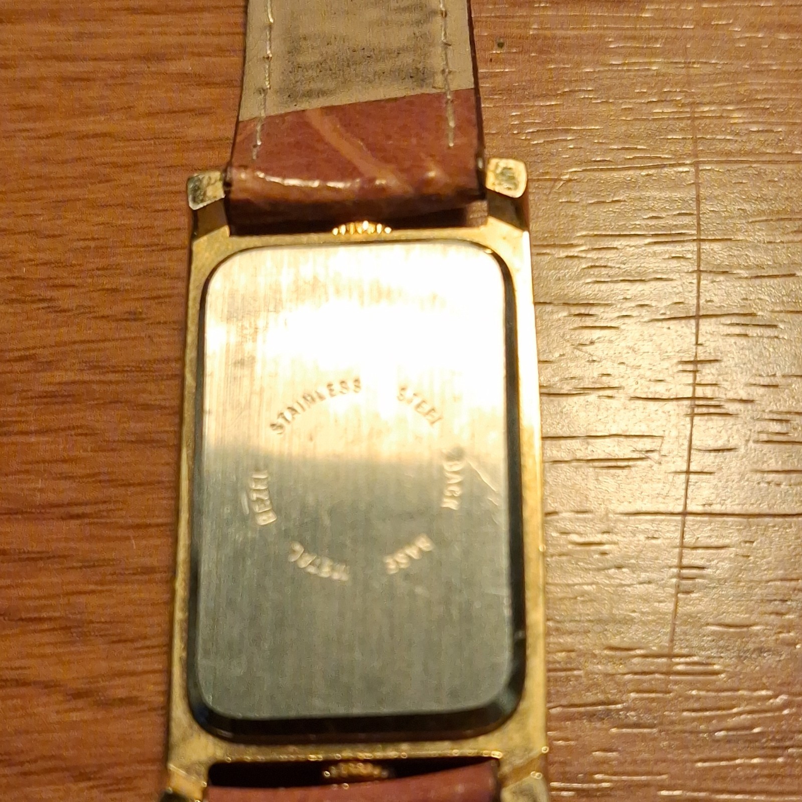 Collezio Dual Time Zone Wristwatch Gold Dial Gold Case Brown Leather Strap Rect…
