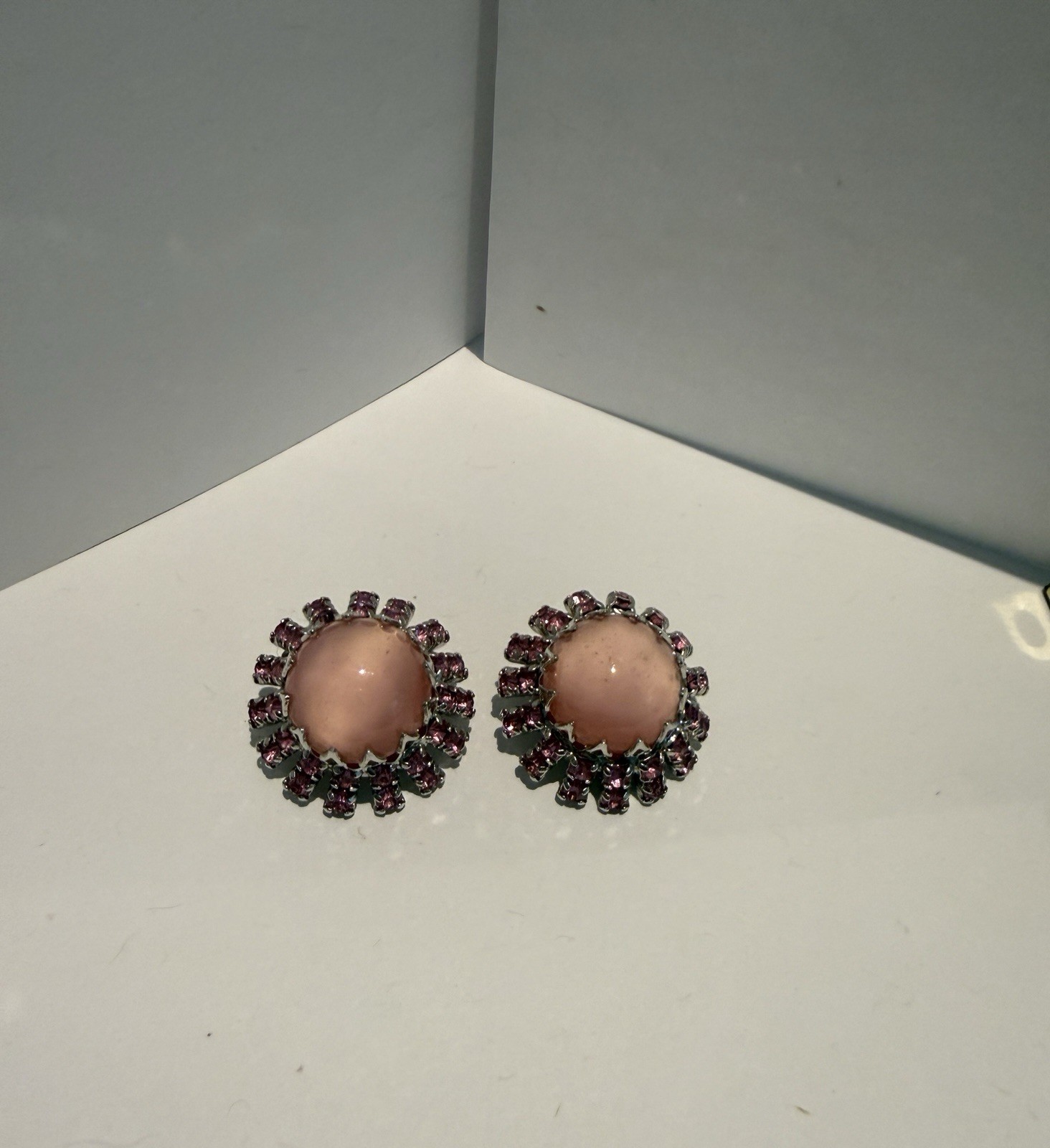 Vintage 1950s Pink Moonglow Rhinestone Cluster Clip Earrings MCM