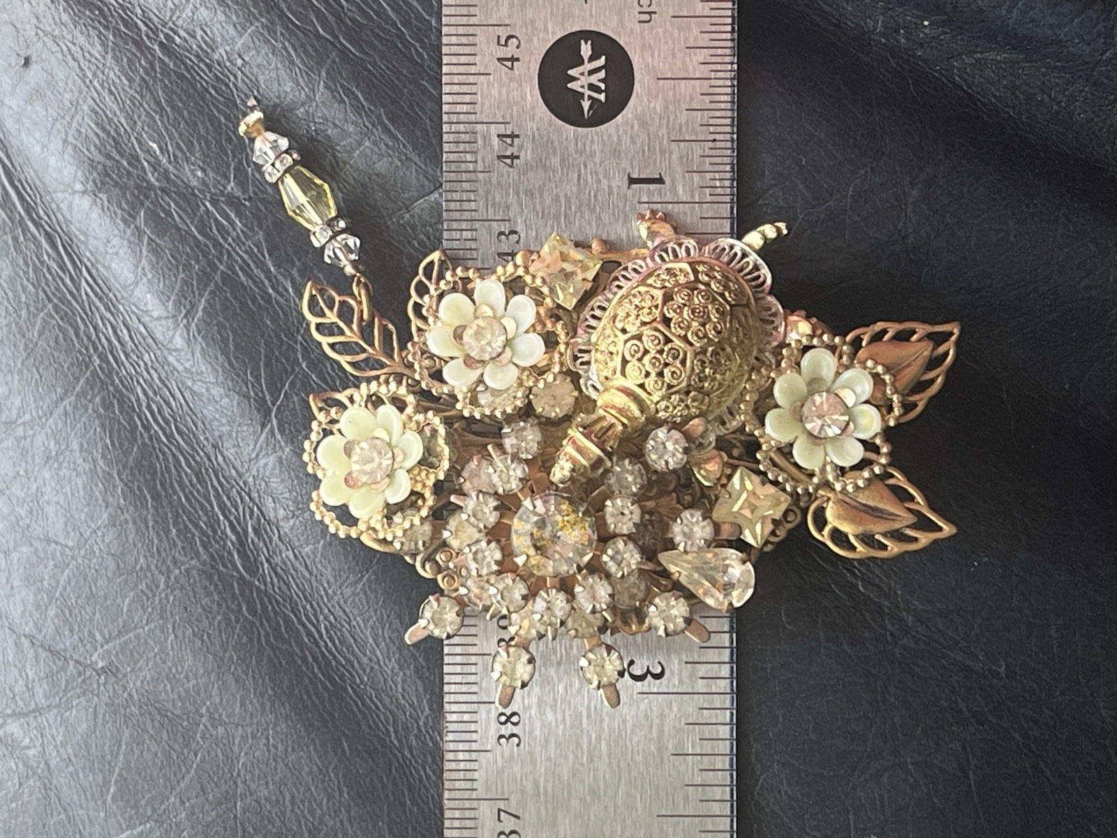 Vintage Assemblage Brooch Pendant Turtle Rhinestone Filigree Flower Dangle Pin