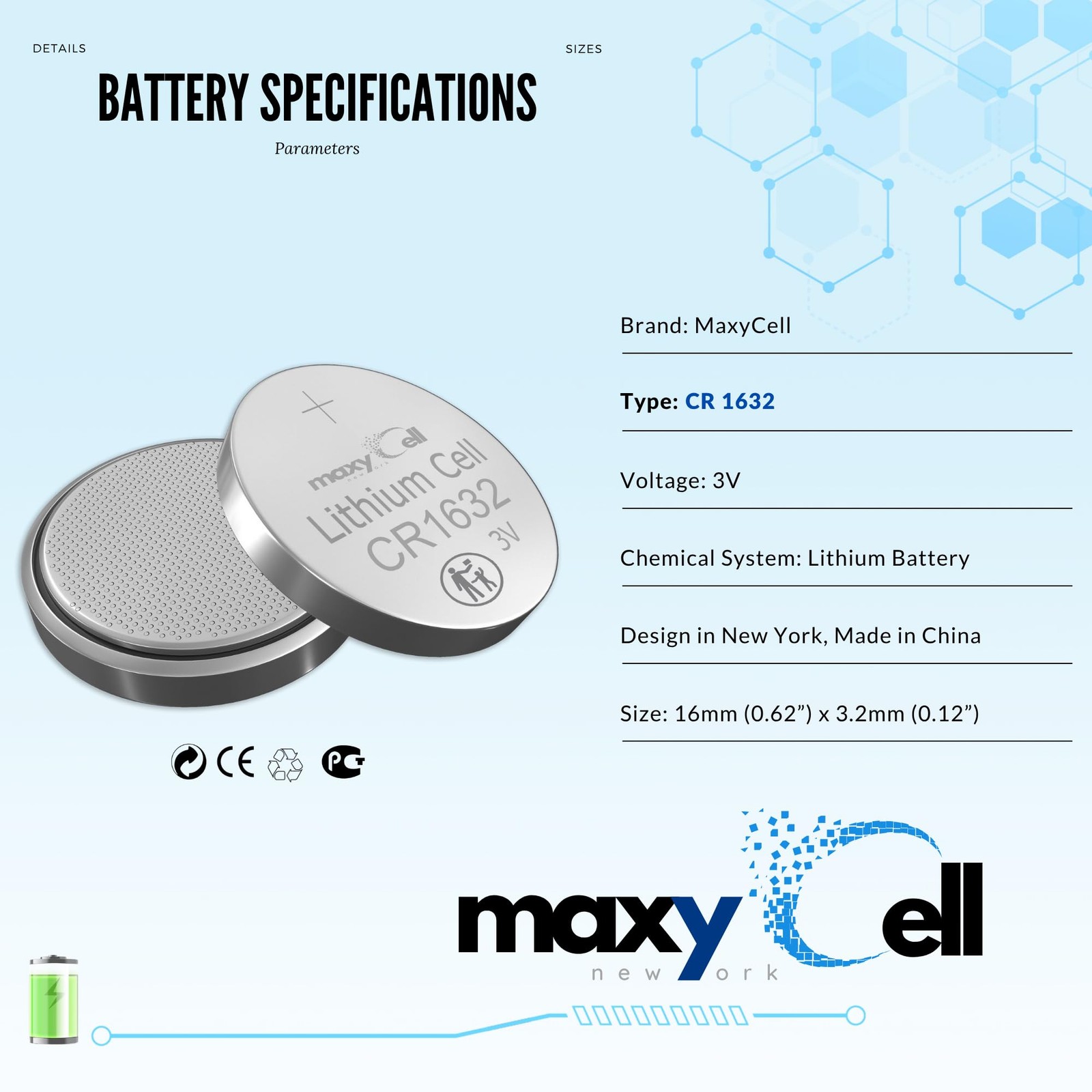 MaxyCell CR1632 Lithium Coin Cell Battery 3V High-Capacity 6 Pack