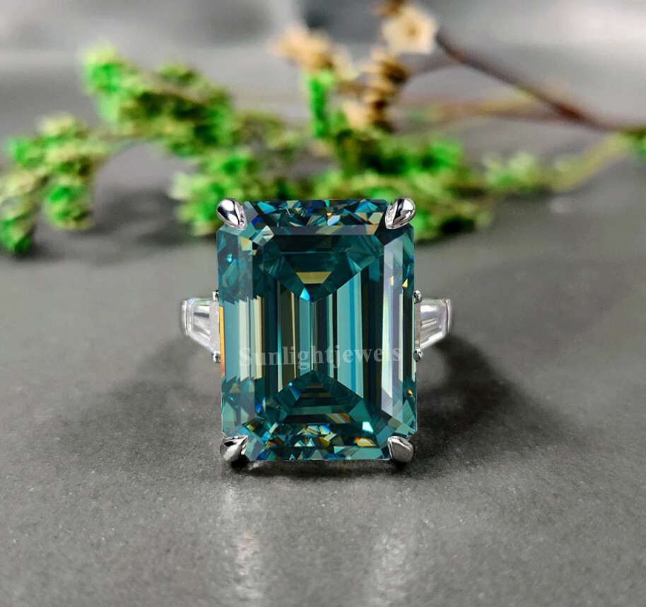 5.85 Ct Emerald Cut Blue Diamond Ring In 925 Silver With Certificate Great Shine