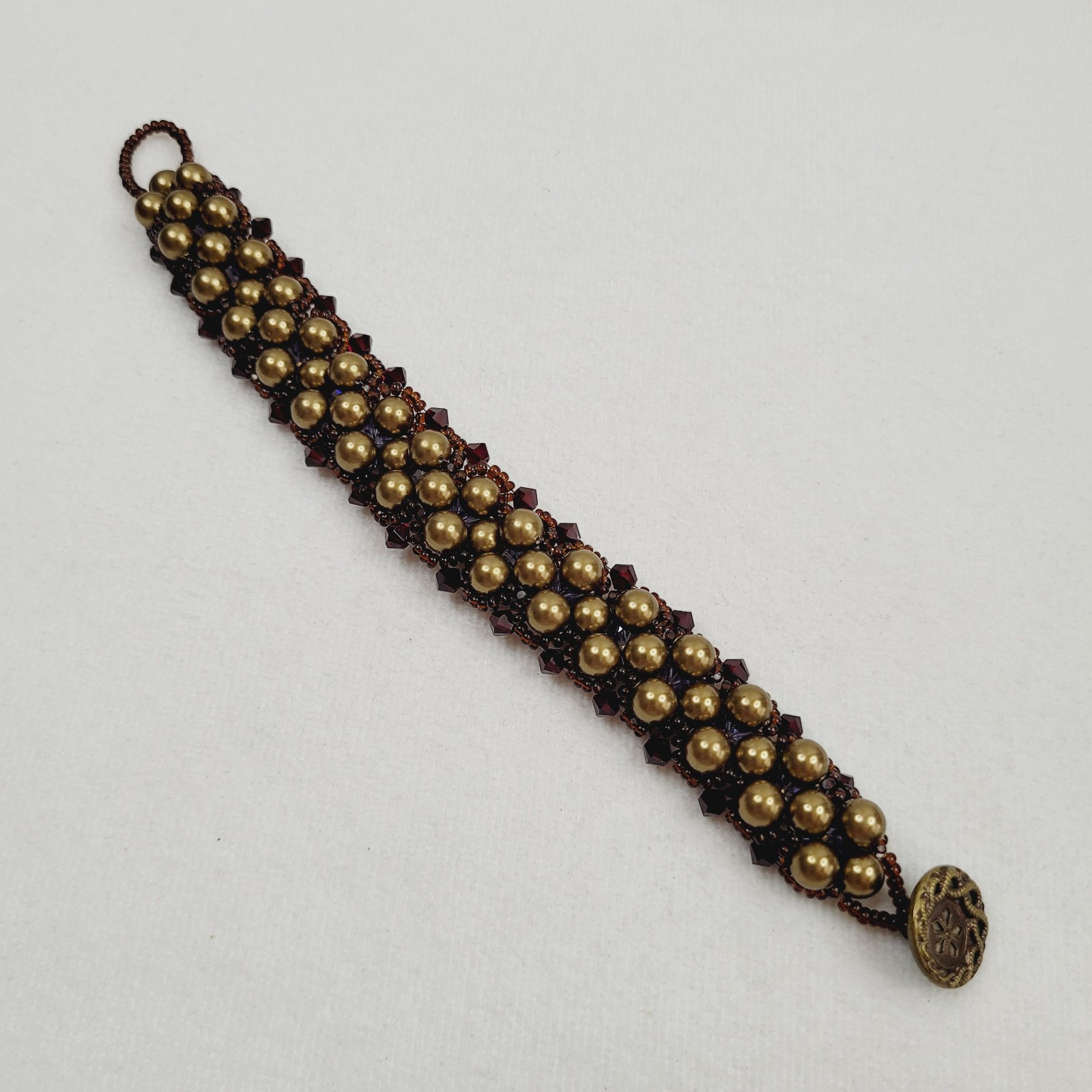 Purple Dark Red Gold Bead Woven Lace Bracelet Toggle Closure Reversible 7″ Long