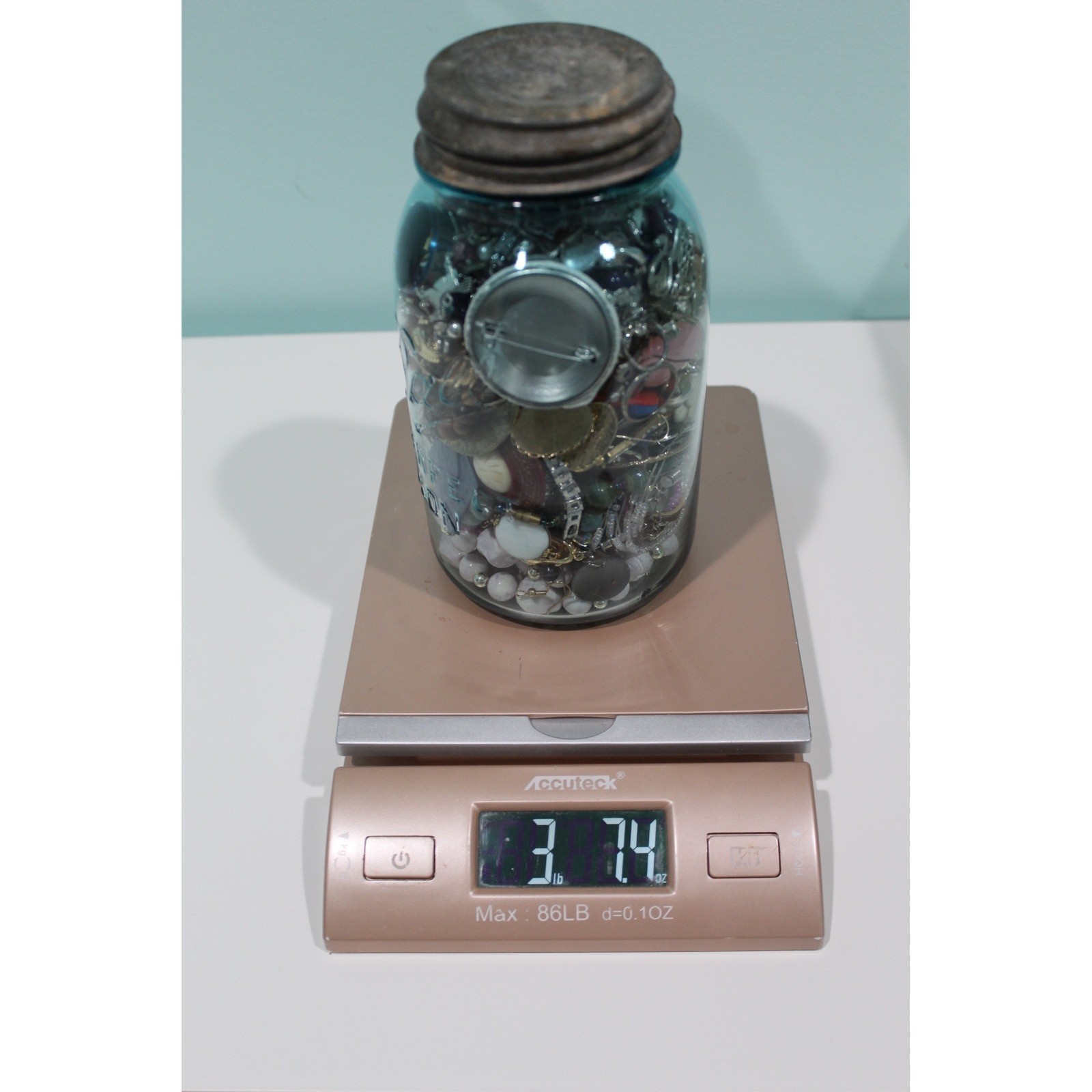 Vintage Mystery Jewelry Jar 3lb+ Blue Ball Mason Jar Costume Jewelry Lot Mixed