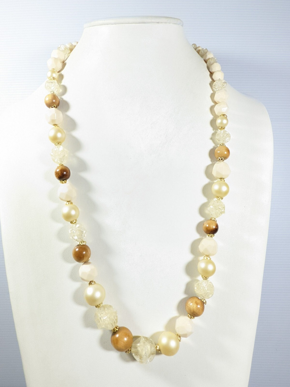 Vintage Ivory Color Brown wood Acrylic Faux Pearl Statement Necklace 28 inches