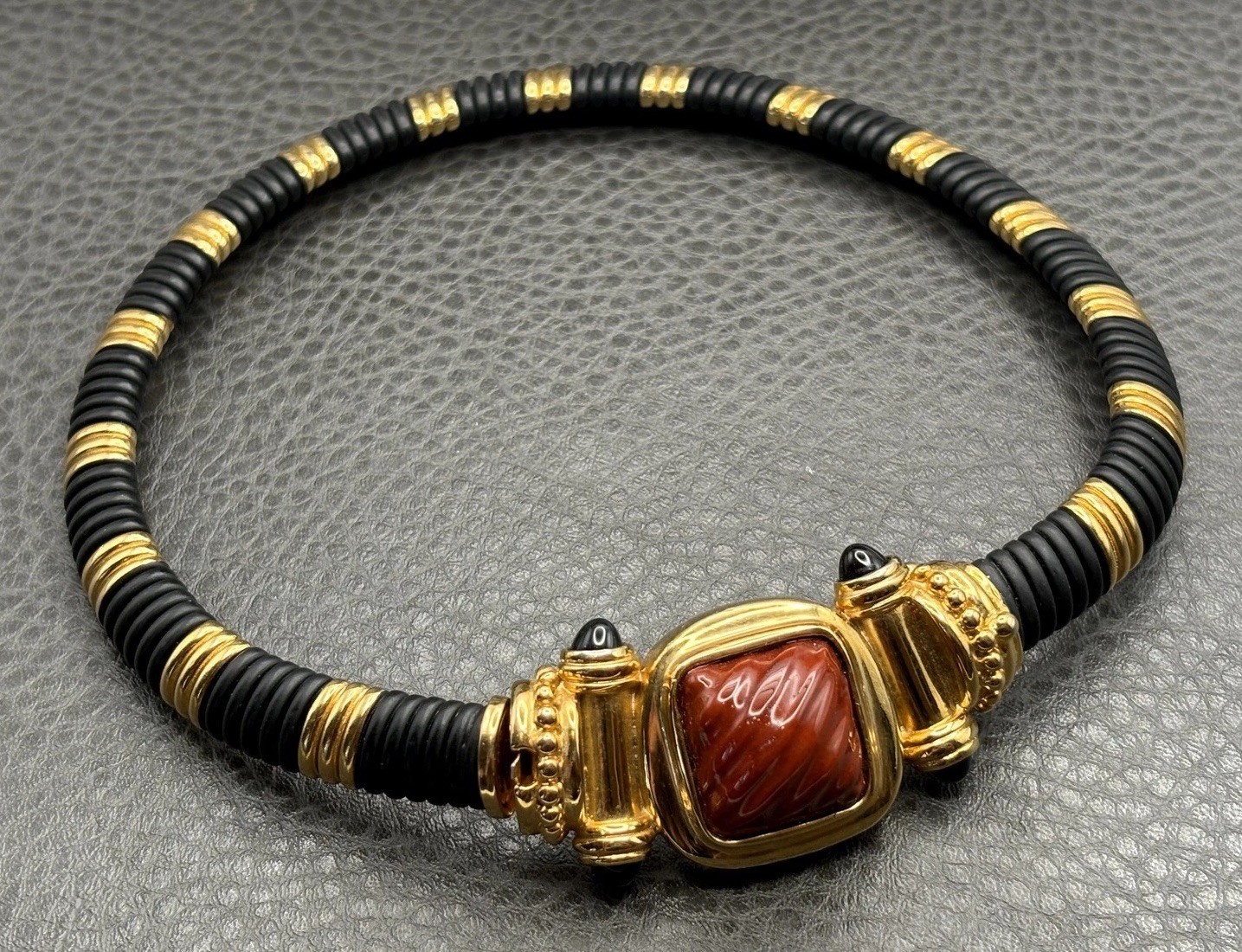Francesca Romana 80s Vintage Etruscan Style Black Red Glass Omega Necklace 15”