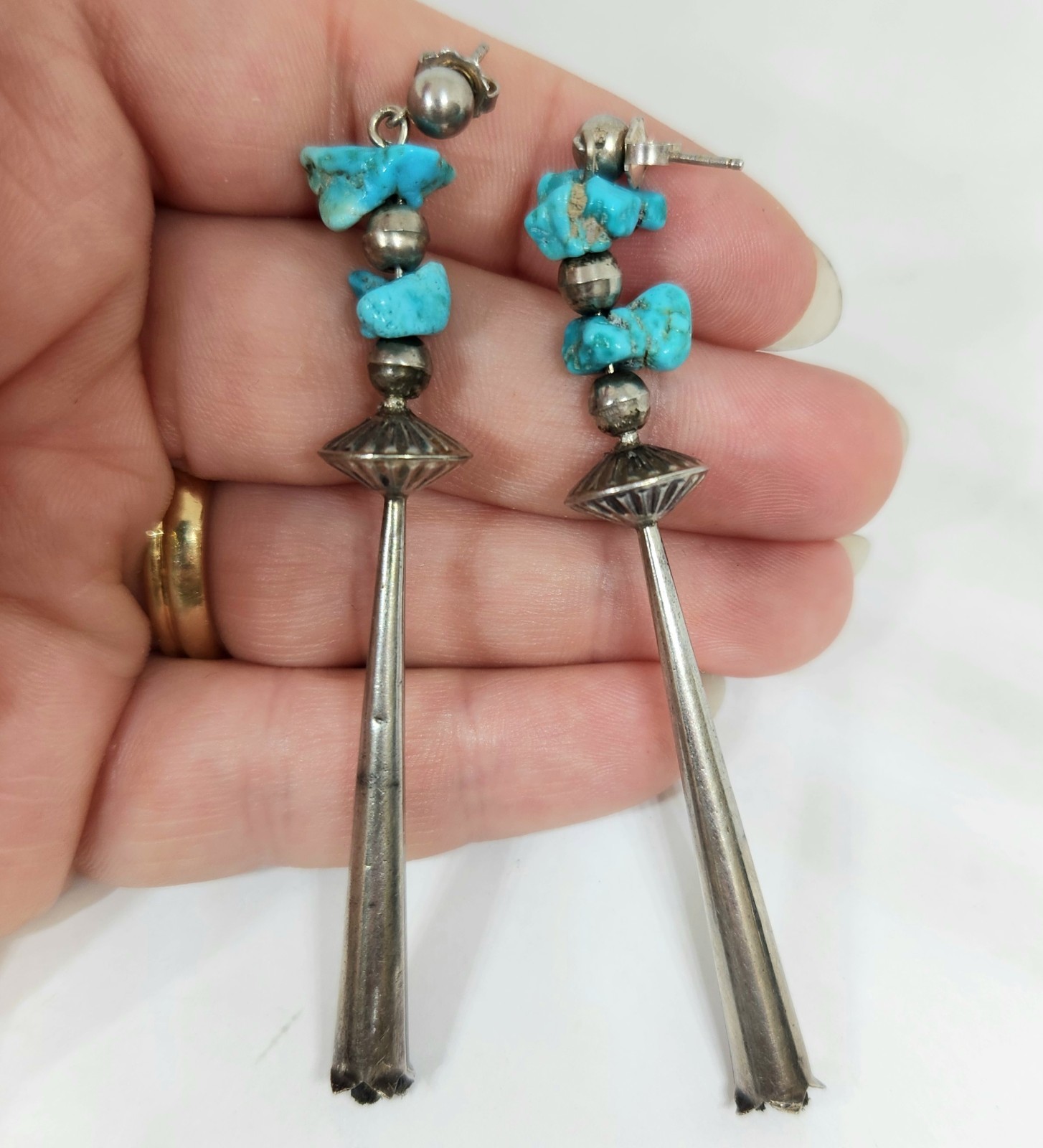 3.25″ Long! Old Pawn Vintage Sterling Silver Turquoise Squash Blossom Earrings