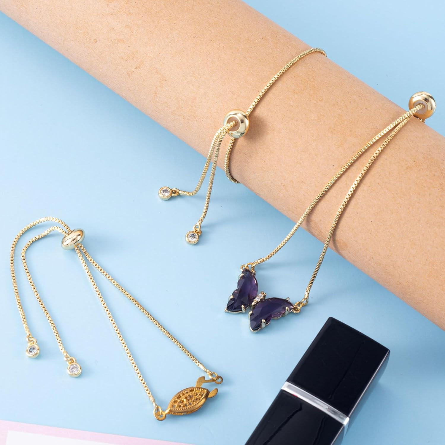 3Pcs Adjustable Slider Bracelet for Jewelry Making, 18K Gold Plated Charm Bracel
