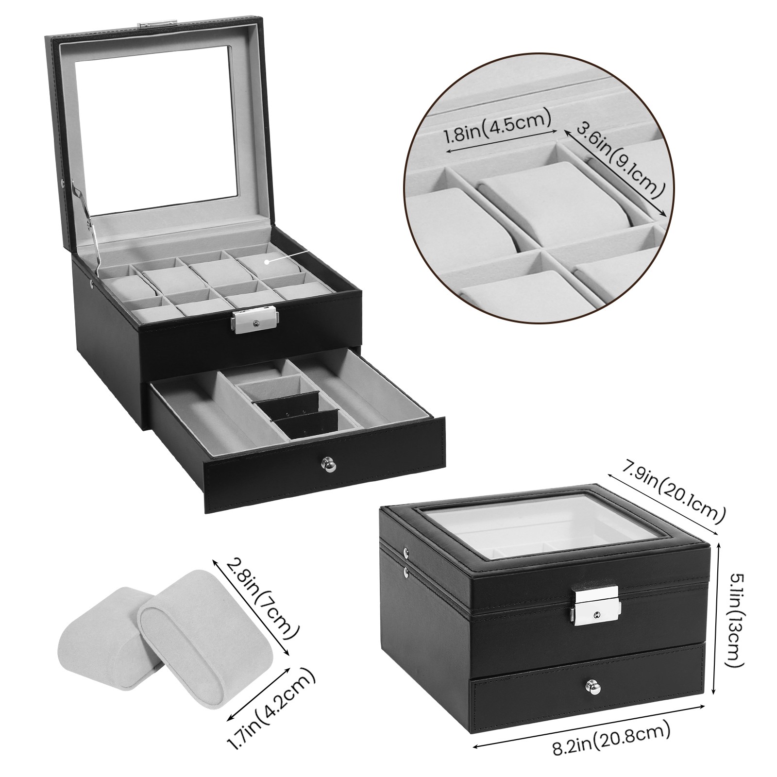 8 Slot PU Leather Watch Box Glass Top Organizer Jewelry Display Case New