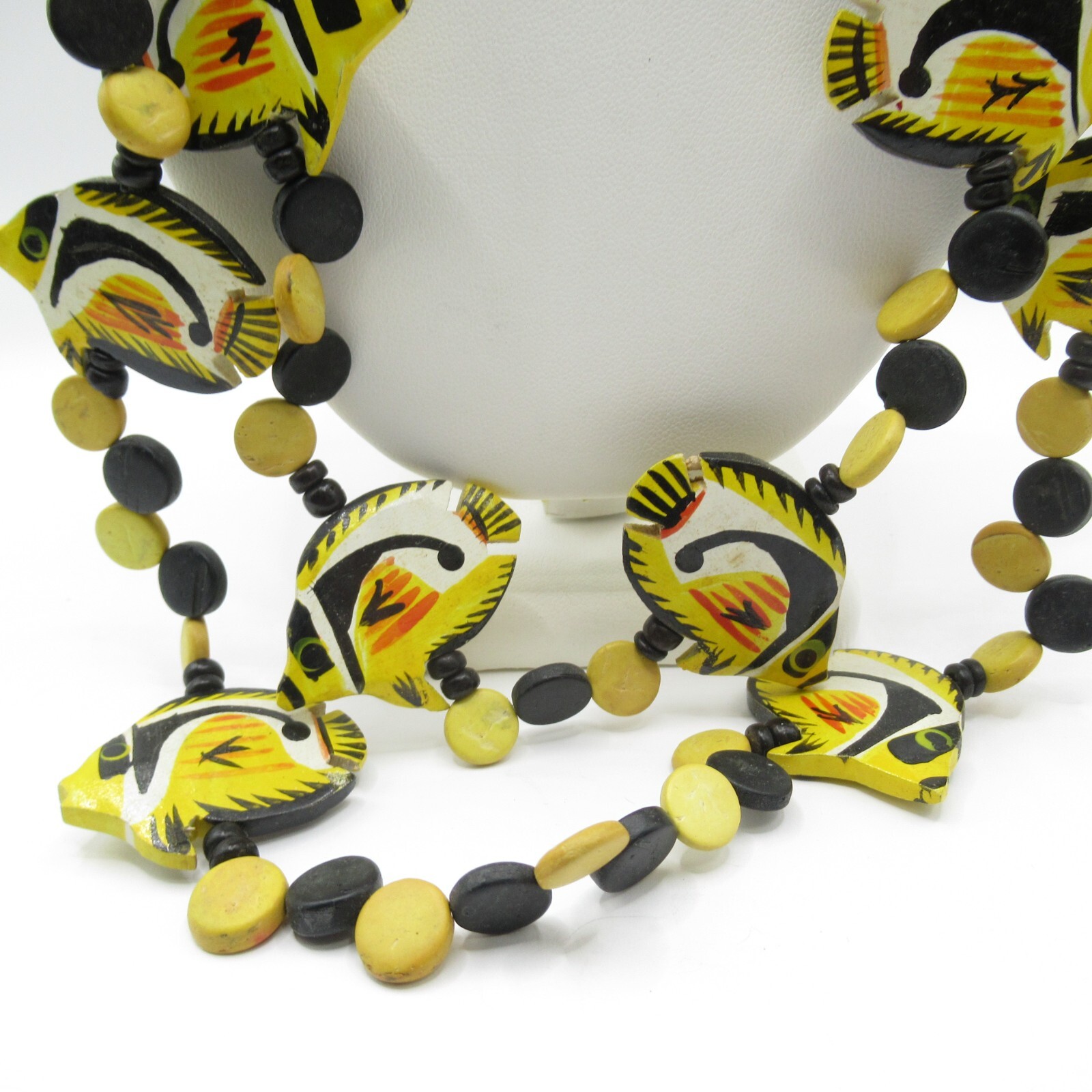 Vintage Wood Carved Fish Necklace Colorful Black Yellow Red Tribal