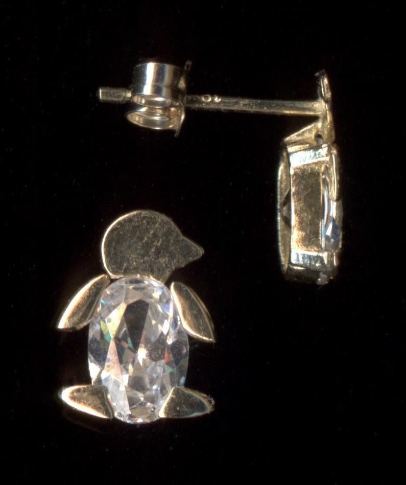 10K 9mm Solid Yellow Gold Oval Clear Crystal CZ Penguin Bird Animal Earrings ~FG