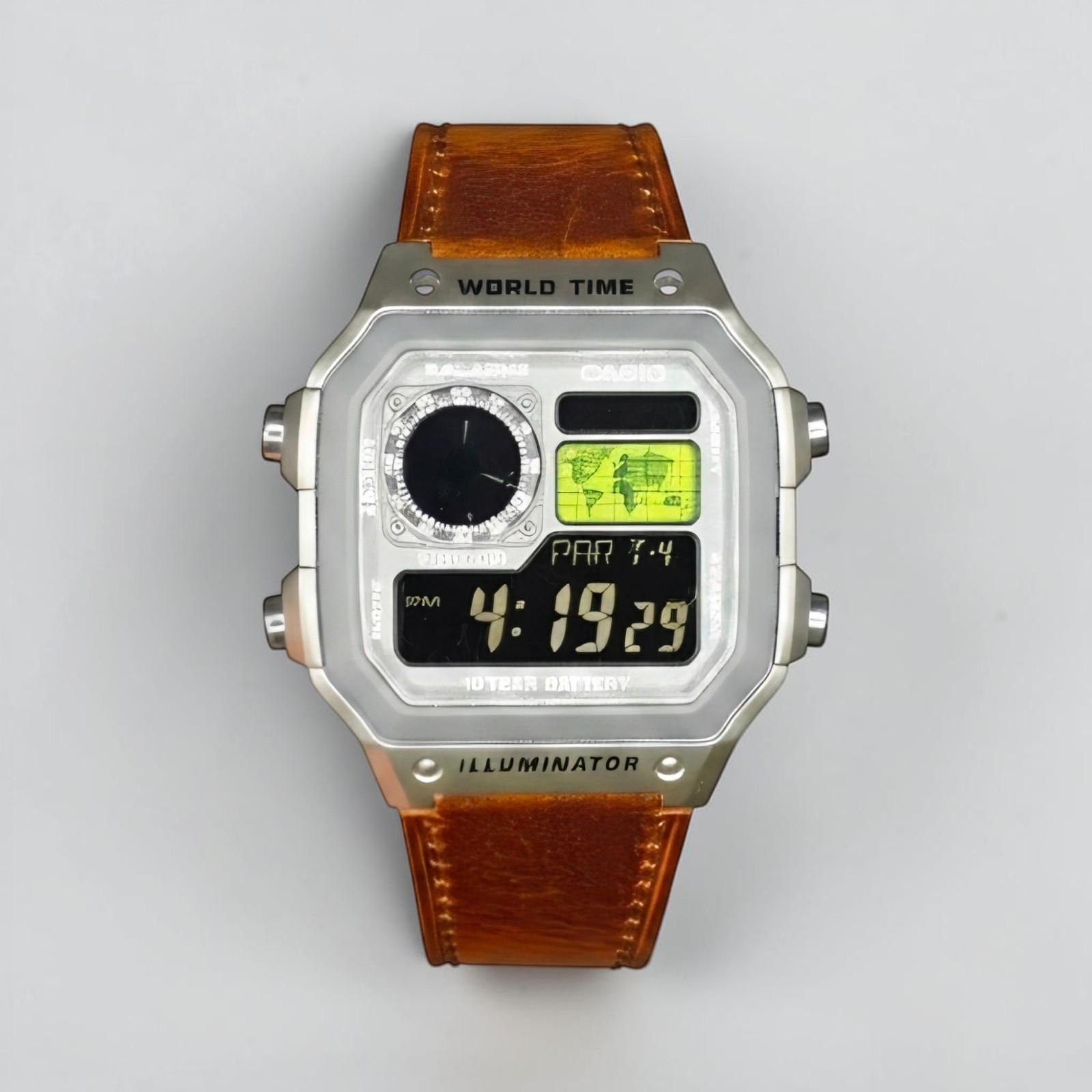 Silver CASIO AE-1200WHD. Royale Watch Mod. Negative Display. Green World Map